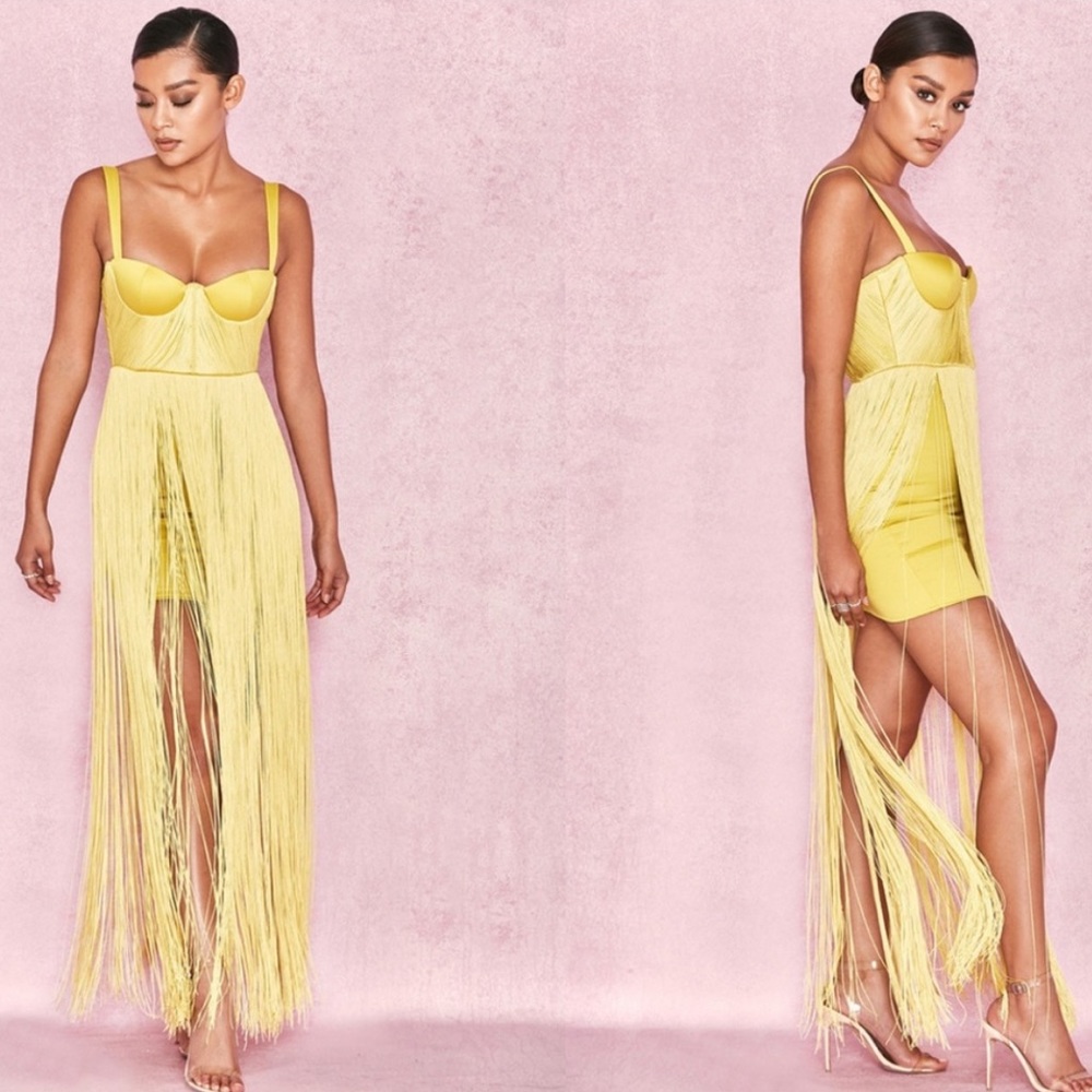 HOUSE OF CB 'Emee' Acid Yellow Satin Fringe Dress - Picture 1 of 17